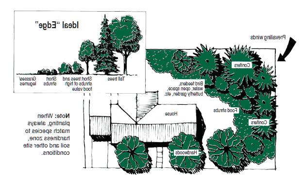 diagram depicting ideal arrangement of food sources, protective cover, and water